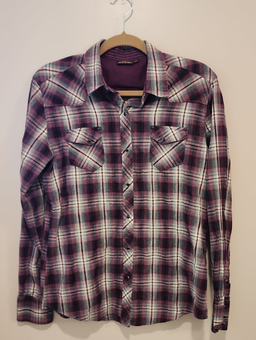 Kuhl Western Style Shirt Pearl Snap Plaid Cotton Burgundy Women's size Large